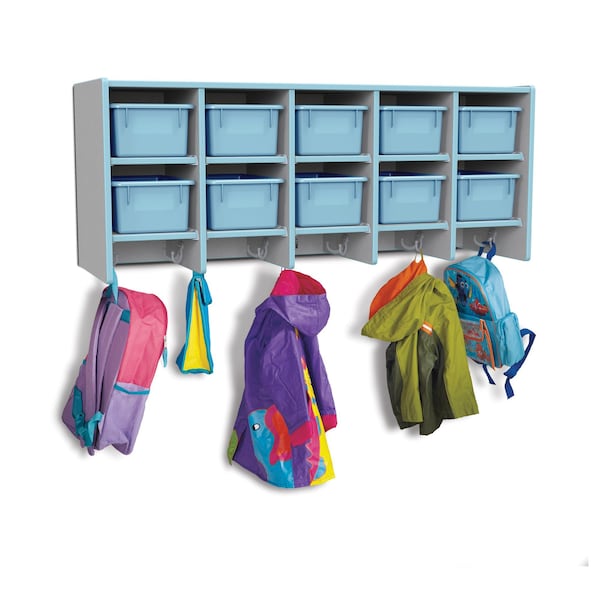 Rainbow Accents 10 Section Wall Mount Coat Locker, with Trays, Coastal Blue